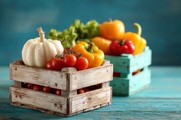 Aufkleber - Freshly harvested vegetables in wooden crates on a blue table