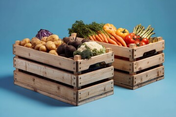 Aufkleber - Fresh seasonal vegetables displayed in wooden crates against a blue background