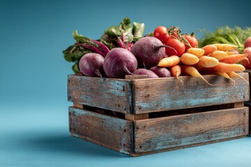 Aufkleber - Freshly harvested vegetables in a rustic wooden crate on a blue background showcasing vibrant colors and natural textures