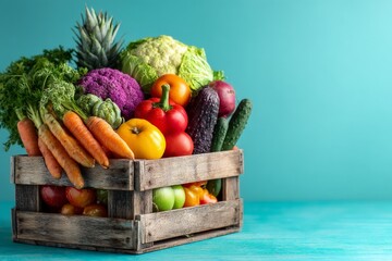 Poster - Freshly harvested vegetables and fruits arranged in a wooden crate against a bright blue background