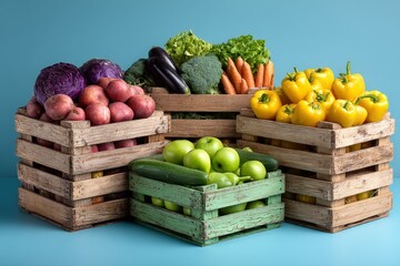 Aufkleber - Fresh produce arrangement in wooden crates against a blue backdrop showcasing colorful vegetables and fruits