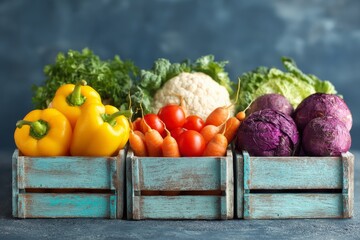 Aufkleber - Fresh colorful vegetables displayed in rustic wooden crates on a blue backdrop at a local market