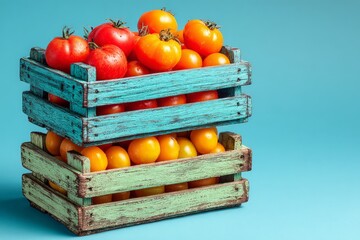 Poster - Freshly harvested red and yellow tomatoes stacked in rustic crates with a bright blue background shining