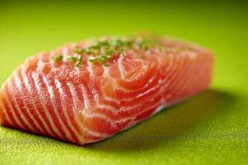 Poster - Fresh salmon fillet displayed on a green cutting board with herbs sprinkled on top in a well-lit kitchen