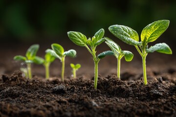 Poster - Newly sprouted plants grow from rich soil in a garden, showcasing the beauty of nature and the cycle of life in spring