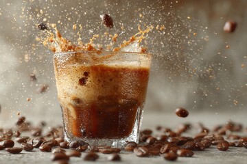 Poster - Splash of cold coffee with ice cubes and coffee beans scattered around in a dimly lit setting