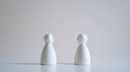 Poster - Minimalist Composition of Two White Figurines Facing Each Other on a Clean Surface, Symbolizing Communication and Connection in Simple Design