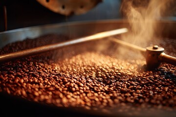 Poster - Coffee beans roasting in a large industrial roaster with steam rising in a cozy cafe setting during the morning