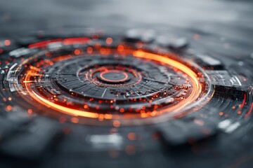 Poster - Abstract close-up of an illuminated circular pattern with bright orange accents on a dark background showcasing technology design