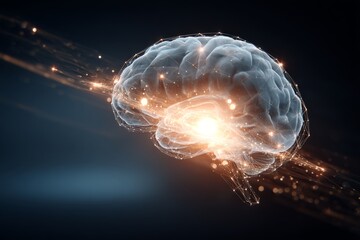 Fototapete - Conceptual representation of a brain illuminated with light particles in a dark space
