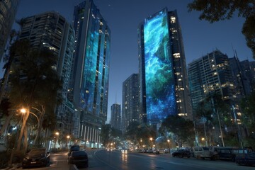 Aufkleber - Tall buildings display vibrant digital art showcasing ocean life in an urban setting during the evening in a bustling city