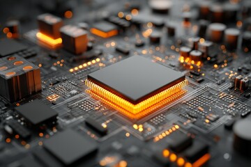 Fototapete - Circuit board with glowing components showcases advanced technology and intricate design at close range