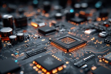 Poster - Close-up view of a circuit board with glowing components showcasing intricate details of modern technology