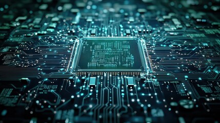 Fototapete - Close up shot of a blue glowing CPU on a complex circuit board. Use it for high technology, computing, and data processing themes.