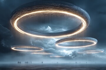 Poster - Futuristic landscape with glowing circular structures hovering over a misty terrain under a dramatic sky