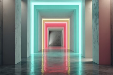Aufkleber - Colorful neon-lit hallway creates an inviting atmosphere in a modern architectural space