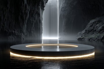 Poster - Enigmatic circular platform surrounded by cascading water in a mysterious cave at dusk