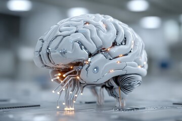 Fototapete - Futuristic robotic brain with glowing circuits in a high-tech laboratory setting