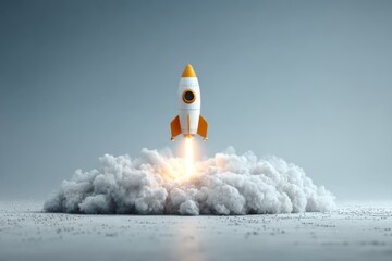 Aufkleber - Rocket launches into the sky leaving behind a plume of smoke in a modern, minimalistic setting