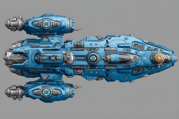 Aufkleber - Detailed futuristic spaceship design featuring sleek blue body and intricate mechanical components situated on a neutral background