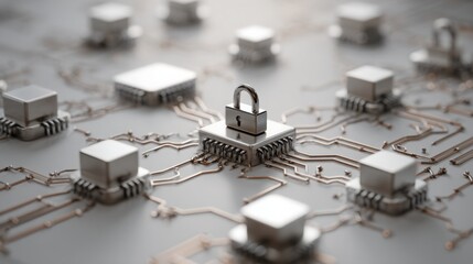 Poster - Lock on a computer circuit board symbolizing risk control architecture and pre-trade decision making in financial investments