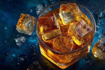 Aufkleber - Crisp golden drink with ice in a clear glass on an elegant blue background during a stylish gathering
