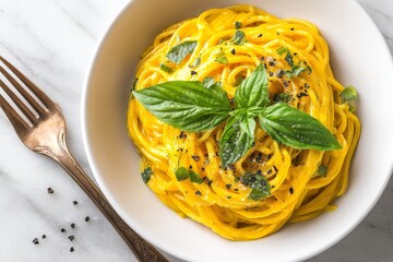 Aufkleber - Delicious spaghetti dish with fresh herbs and vibrant sauce served in a white bowl