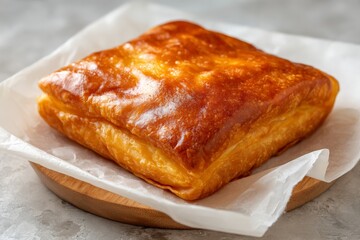 Poster - Freshly baked puff pastry resting on a wooden plate with parchment paper