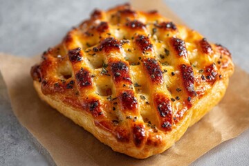 Poster - Savory pastry with golden crust and crispy topping presented on parchment paper in a cozy kitchen setting