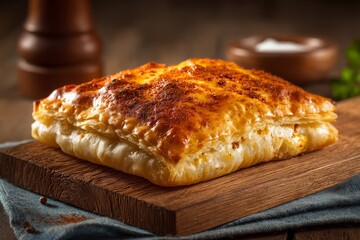 Aufkleber - Savory pastry with flaky crust served on wooden board in cozy kitchen setting