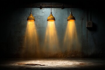 Aufkleber - Industrial setting with vintage pendant lights casting warm glow on weathered wall and floor in dimly lit room