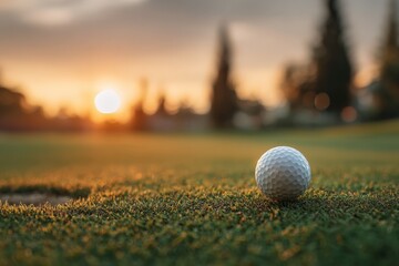 Poster - Golden sunset casts warm light on a golf ball on the green at dusk