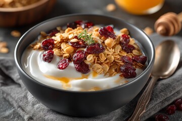 Poster - Healthy breakfast bowl with yogurt, granola, cranberries, and honey served in a cozy kitchen setting at morning time