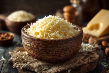 Poster - Cheese in a wooden bowl with grated texture placed on rustic wooden table near additional cheese and nuts