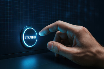 Poster - A confidently presses a glowing button symbolizing strategic decision-making that drives business growth and innovation