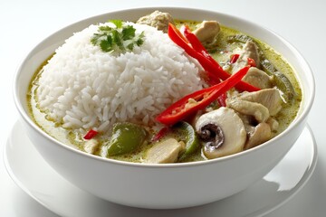 Poster - Delicious Thai green curry with rice served in a white bowl at a dining table
