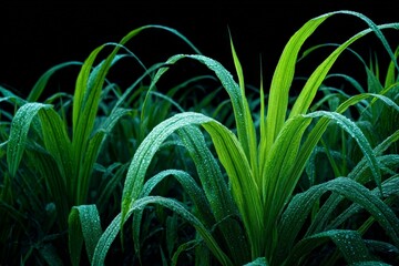 Poster - Detailed view of vibrant green grass with water droplets at night in a lush field