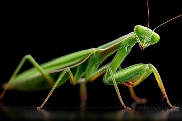 Poster - Mantis perched on a surface showcasing its vibrant green color and striking features in a close-up view