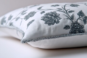 Aufkleber - Decorative pillow with floral design on a minimalist surface in a cozy interior setting
