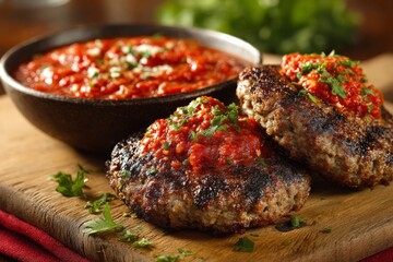 Aufkleber - Grilled meat patties topped with red sauce and herbs served on a wooden board with fresh ingredients in the background