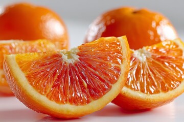 Poster - Freshly sliced oranges displayed attractively on a white surface highlighting their vibrant color and juicy texture