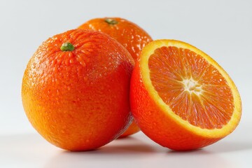 Poster - Ripe oranges on a white background showcasing fresh fruit with droplets