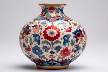 Poster - Colorful ceramic vase with intricate floral patterns displayed on a plain background