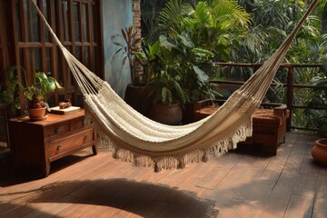 Poster - Cozy hammock in a tropical indoor garden with lush greenery and wooden furniture during the afternoon light