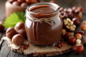 Aufkleber - Delicious chocolate spread in a jar with hazelnuts on a rustic wooden table during daylight