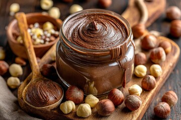 Aufkleber - Delicious hazelnut chocolate spread in a glass jar with hazelnuts and wooden spoons on a rustic table