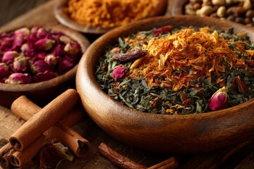 Poster - Colorful spices and herbs displayed in wooden bowls on a rustic table