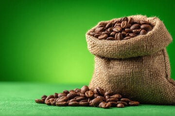 Poster - Freshly roasted coffee beans spill from a burlap sack onto a vibrant green surface