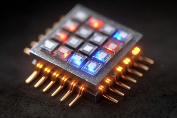 Leinwandbilder - Circuit board featuring colorful LED lights and advanced chip technology in a dark setting