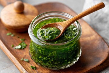 Aufkleber - Chimichurri sauce in a glass jar on a wooden board with fresh herbs visible